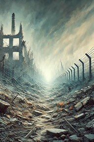 A stark depiction of the abyssal divide between humanity and inhumanity, capturing the desolation and destruction that symbolize the modern tragedy of Gaza, Palestine