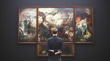 A man admiring a painting under expertly designed museum lighting in an art gallery, highlighting the impact of exhibition space illumination