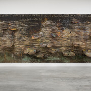 Anselm Kiefer, And oil paint use a pumme, 2023, emulsion, oil, acrylic, shellac, gold leaf, sediment of electrolysis, terracotta, plywood, spatula and annealed wire on canvas 380x1140 cm, © Anselm Kiefer. Photo © White Cube (Theo Christelis). Courtesy the artist and White Cube Bermondsey
