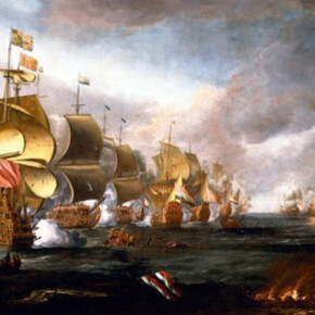 Adriaen van Diest, The Battle of Lowestoft, about 1690. Oil paint on canvas; 40 3/4 x 71 1/4 in. Promised Gift of the Berger Collection Educational Trust