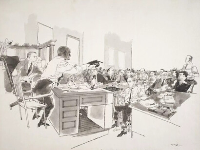 Franklin McMahon, Moses Wright testifying at the trial, 1955. Courtesy of Chicago History Museum
