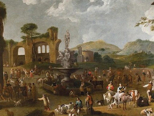 Peeter van Bredael (1629–1719). «Un mercado en Italia», siglos XVII-XVIII. Óleo sobre lienzo. Doyle.com. Nueva York, EE. UU.