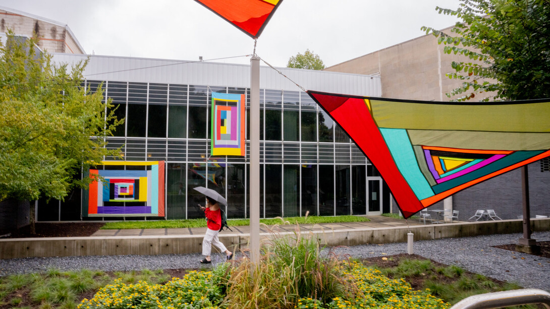 Rachel Hayes, Looking through a sewn sky, exhibition view. Courtesy of the Georgia Museum of Art
