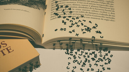 The open pages of a book with words tumbling out, representing the questionable nature of modern education