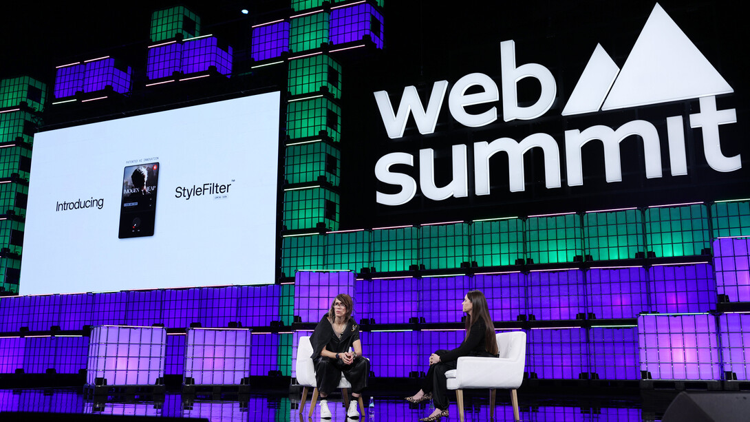 14 November 2024; Imogen Heap, Recording Artist & Technologist, Auracles.io; left, and Shara Senderoff, Co-founder & CEO, Jen; on Centre Stage during day three of Web Summit 2024 at the MEO Arena in Lisbon, Portugal