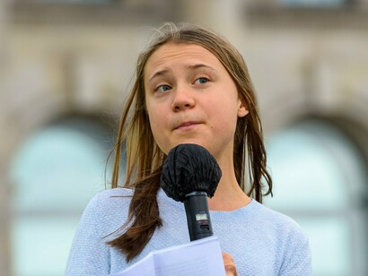 Greta Thunberg, climate activist, speaks at the climate strike in front of the Reichstag in Berlin, Germany