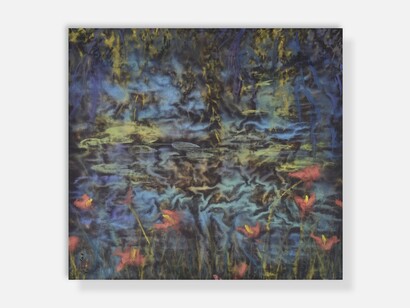 Blue Pond with Orange Iris, Wang Tingxin, 2016. Courtesy of Halcyon Gallery