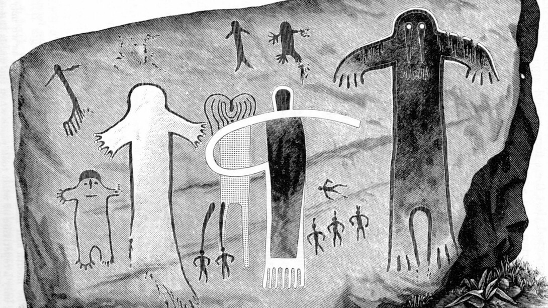 Representación histórica de los pictogramas indígenas de Painted Rock (Condado de Tulare, California), registrada por Garrick Mallery en 1889. Estas figuras antropomorfas en las paredes de la reserva nativa son asociadas por la tradición Yokut con el mito de Mayak Datat (el "Hombre Peludo")