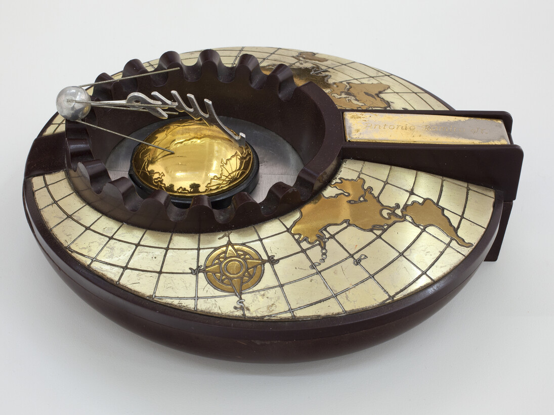 Gabriel Orozco, Satellite Sputnik on Ashtray, 2014, Base metal, plastic, Overall: 44 x 16 1/4 x 21 in. (111.8 x 41.3 x 53.3 cm) Ashtray: 3 x 7 x 7 in. (7.6 x 17.8 x 17.8 cm)
