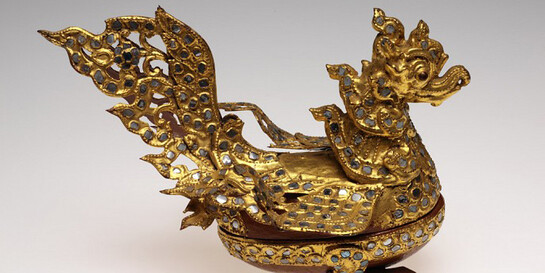 Unknown artist, Burmese, Myanmar, Box in the Shape of a Mythological Hintha Bird, ca. 1900 - 1960
Lacquer, betel-nut, wood, gold-leaf, metal, glass, mirrors, 16.2 x 24.6 cm (6 3/8 x 9 11/16 inches) (height x depth) Gift of Doris Duke’s Southeast Asian Art Collection 2004.12.3