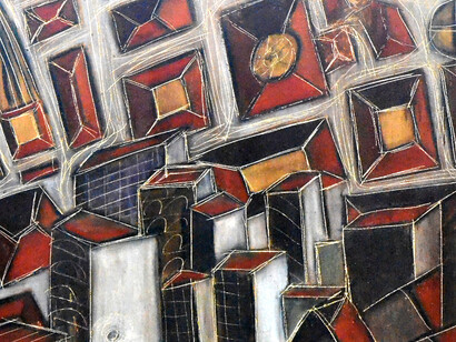 Contemplação solitária de um mundo de cabeça para baixo, 60X120cm. Pastel extrafino, grafite, esferográfica, cimento refratário, laca 
e solução vinílica sobre tela

