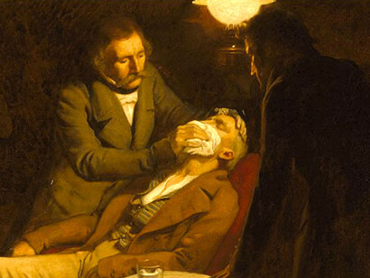 «El primer uso del éter en odontología» (ernest Board) muestra a Morton aplicando el éter como anestesia odontológica local