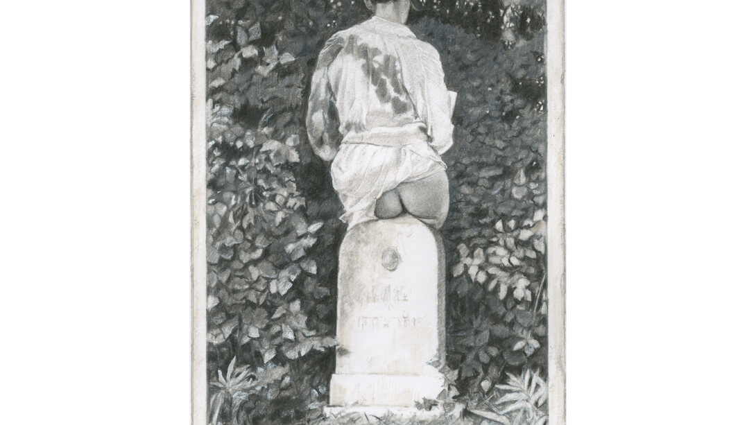 João Vilhena, Foi dans la messe, 2015, pierre noire on grey cardboard, 140,5 x 101 cm, Courtesy Galerie Alberta Pane 