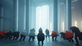 People kneeling in front of a glowing smartphone, symbolising the loss of independent thought in the age of artificial intelligence