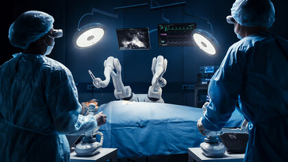 Two surgeons wearing augmented reality headsets use high-precision robotic arms to perform a complex operation while monitoring the patient's vital signs in a futuristic hospital