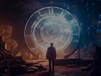 Discover the essence of Synchronicity as depicted by a person standing in front of a grand watch, illustrating the harmonious interplay of cosmic timing and human presence