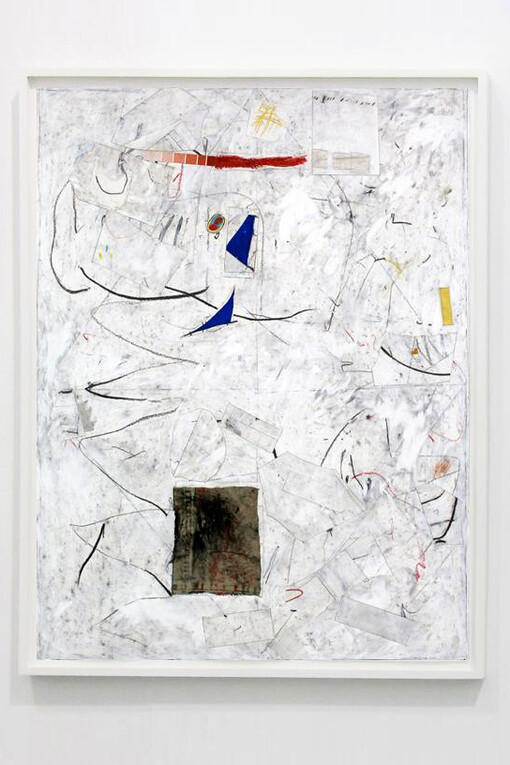 Joseph Hart, Untitled (K.I.04), 2014 / collaged paper, work pants, acrylic, oil crayon and graphite on paper / 50 x 38 inches
