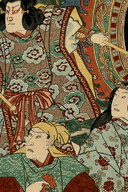 Tercer panel del tríptico "Origen de la danza Iwato Kagura", Utagawa Kunisada, 1856