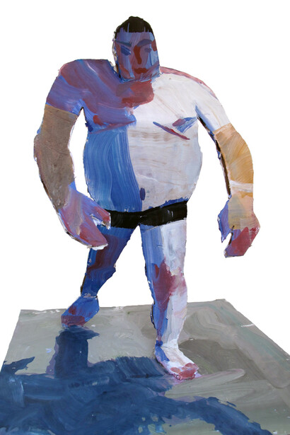 John Short, Male Bather with Tan, corrugated card, gesso with watercolour and ink in case, 21 x 21 x 34 cm  