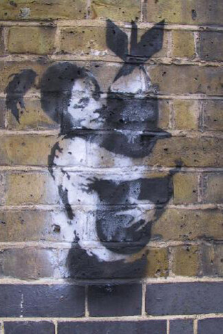 A Banksy work from the Bristol underground scene. The imotif was also produced as a series of screenprints titled Bomb Hugger in 2004