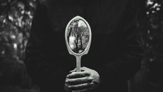 A person holding a hand mirror toward the autumn forest, reflecting shifting perspectives