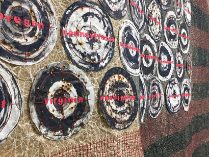 Old Glory? 2017 (detail) waxed handmade Nepalese paper, hand stitched, pyrography, pigmented prints, 58 x 114 inches