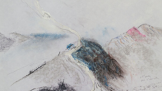 Mario Raciti, Strada che s'invola, 2014, pastello, smalto e grafite su carta violetta, 29,7 x 42 cm