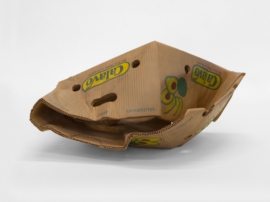 Matt Johnson, Untitled (Avocado Box), 2016, Carved wood and paint, 13 x 25 x 17 inches (33 x 63.5 x 43.2 cm), pedestal: 30 x 26 x 26 inches (76.2 x 66 x 66 cm) MJ 150. Courtesy of 303 Gallery