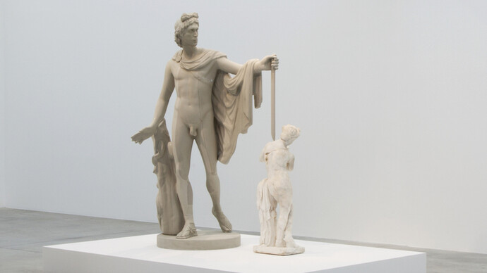 Francesco Vezzoli, Metamorfosi (Self-portrait as Apollo killing the satyr Marsyas),
2015,
2 parts,
Roman Imperial marble figure of a satyr playing the pipe, self-portrait polyurethane sculpture,
Satyr: 112,1 cm / Apollo: 220 cm
