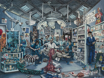 Henry Hudson, Plate 2, The Autopsy at King's College, varnished plasticine on board, 183 by 245 cm.; 72 by 96½in.
Executed in 2014
