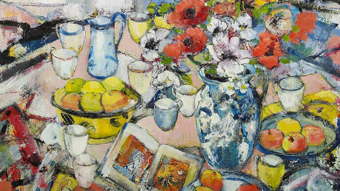 Peter McLaren, Still Life with Poppies and Yellow and Black Bowl, Oil on board, 36” x 48” 