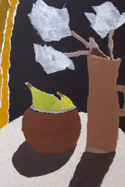 Rosemary Burton, Flowers and yellow curtain 