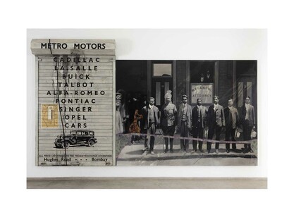 Atul Dodiya, ‘With colleagues - outside the Johannesburg office, c.1905 (Diptych)’, 2014, Oil, acrylic with marble dust and oil-stick on canvas. And acrylic, oil and polyester putty on galvanized steel. Canvas: 183 x 244 cm / 72 x 96 in. (approx), Shutter: 213,5 x 137 cm / 84 x 54 in. (approx), Courtesy of the artist and Galerie Daniel Templon, Paris & Brussels