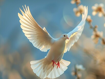 A white dove in mid-flight embodies the grace of sovereign motion, unburdened by constraint, radiant with the possibility of peace and self-directed life