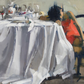 E. Red Dress, 22" x 30", Oil on Linen. Maggie Siner, 2016. Courtesy of J. Cacciola Gallery W