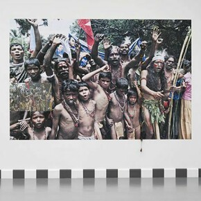 Sheela Gowda, Protest, my son, 2011, Poster, horn and fur objects, Courtesy of the artist and Galleryske, Bangalore, © Peter Cox