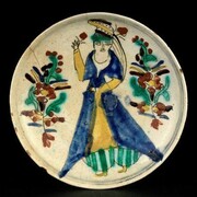 Kalfayan Collection, Kutahya type dish depicting dressed female figure, 18th c., Photographer Thanos Kartsoglou