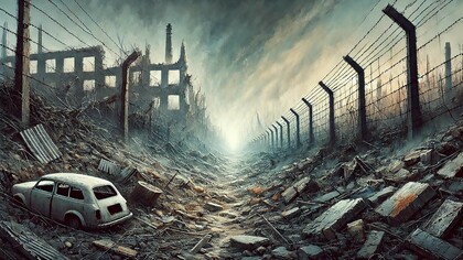 A stark depiction of the abyssal divide between humanity and inhumanity, capturing the desolation and destruction that symbolize the modern tragedy of Gaza, Palestine