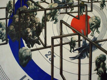 Blue and red target with figures by Bill Gillon – photo credit Joanna Stokes