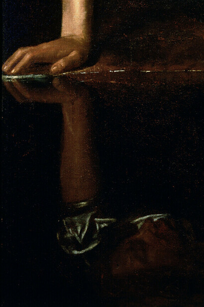 Caravaggio, Narciso (c. 1600, detalle)