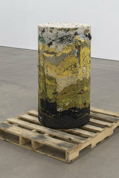 Simon Benjamin (b. 1979, Barrel 1 - South Coast, Jamaica (detail), 2024, Cornmeal, Sand, Beach Detritus, Non-Toxic Resin., 42 x 23 in. / 106.68 x 58.42 cm. Courtesy of Swivel Gallery