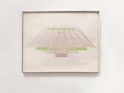 Richard Smith, Seven Tan Shafts with Pink, Green, Orange, Mauve bases, 1968, Mixed media, 30 x 66 cm, 12 x 26 in, © Richard Smith, courtesy of Flowers Gallery