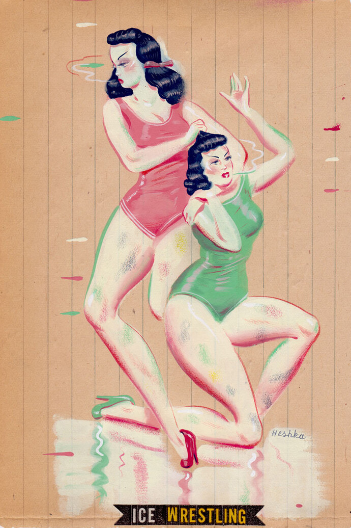 Ryan Heshka, Ice Wrestling, 2015, Gouache e tecnica mista su carta vintage, 185 x 12 cm