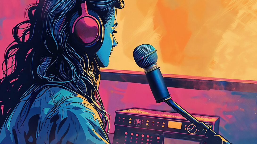 Retro digital art illustration, capturing the essence of podcast creation in its vintage charm
