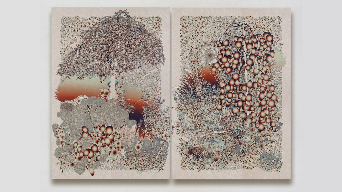 Andy Millner, Floating World (Bird Nest on the Ground), 2024,
Pigment print, mulberry paper on linen; diptych,
78 x 108 inches overall. Courtesy of the artist and Heather Gaudio Fine Art