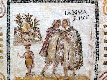 Gennaio, frammento di un mosaico raffigurante i mesi dell'anno, a partire dal primo mese romano, marzo. Prima metà del III secolo. Museo Archeologico di Sousse, El Jem, Tunisia