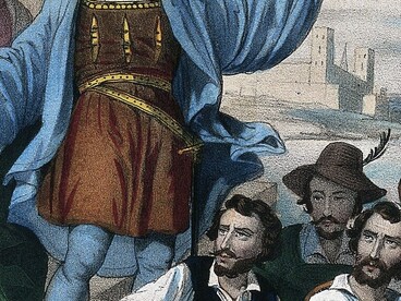 Grabado histórico en el que se muestra a Cristóbal Colón saliendo del puerto español, iniciando su primera expedición