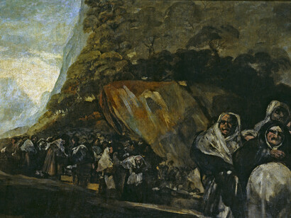 Francisco de Goya. Peregrinación a la fuente de San Isidro. 1819-1823. Óleo sobre muro, trasladado a lienzo. 123 × 266 cm. Museo del Prado
