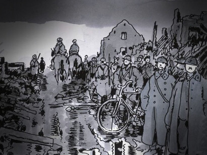 Jacques Tardi, "Putain de guerre !", Casterman, 2008-09. Eravamo abbagliati da quello spettacolo, il cui angosciante significato era chiaro solo ai veterani. Fu la prima visione che ebbi della furia scatenata del fronte