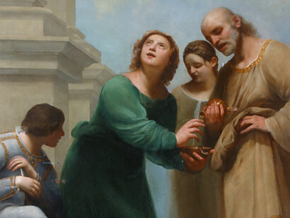 Detail of Guido Cagnacci, "Miracle of St. John in Ephesus," ca. 1640. Oil on canvas, 96 ½ x 64 1/8 in. (245 x 163 cm). Fondazione Cassa di Risparmio, Rimini Archivio Fotografico della Fondazione Cassa di Risparmio di Rimini/Foto Paritani